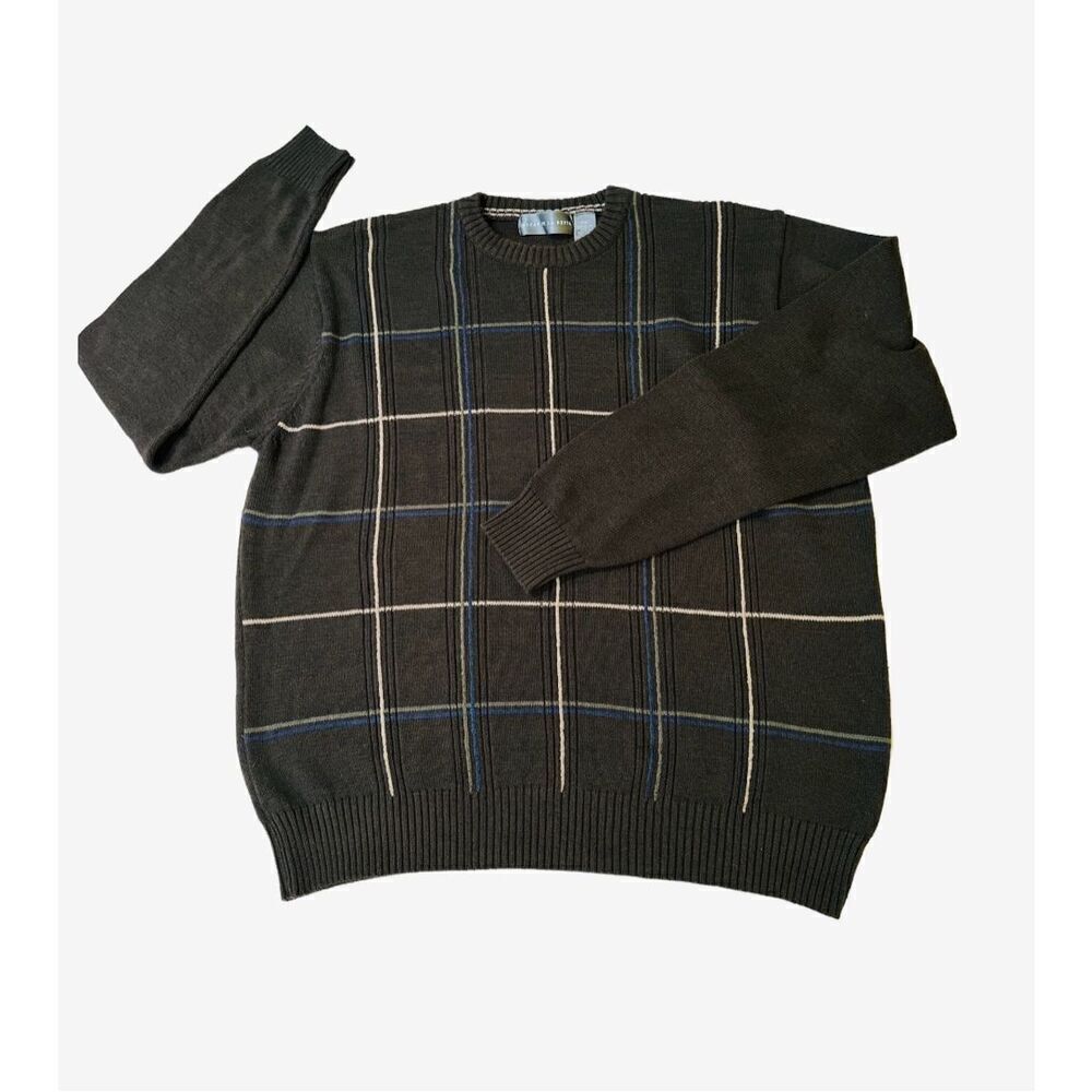 Vintage Oscar De La Renta Designer Sweater Brown Grid Line Striped Pullover Men’
